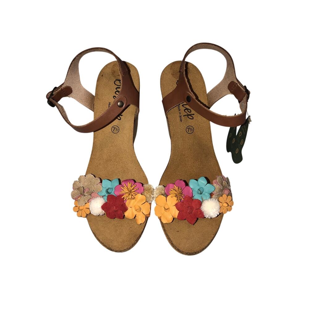 BioStep Floral Wedge Sandals Size 7.5 Leather Flower Spain Festival Boho Fairy